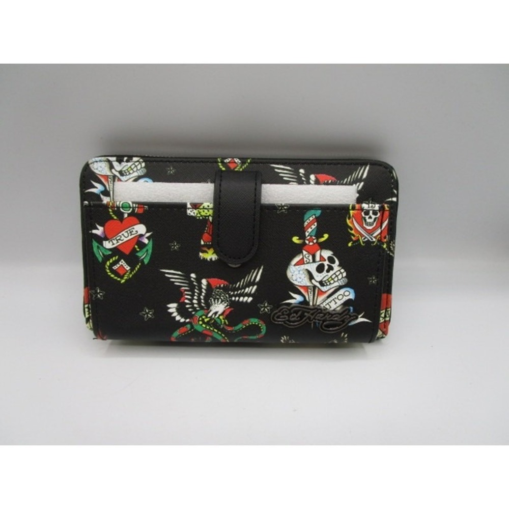 Ed Hardy Black MISSING Wristlet Zip Around Wallet Tattoo Print Cellphone Pocket